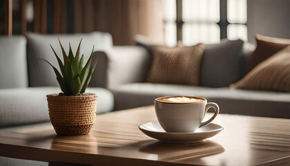 A coffee mug placed on a wooden table beside a sofa and a potted plant resting on the surface