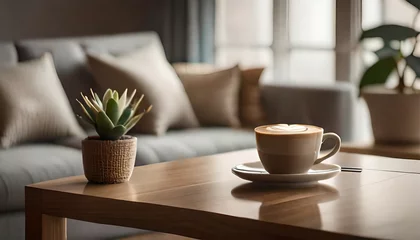  A coffee mug placed on a wooden table beside a sofa and a potted plant resting on the surface © Tatiana