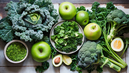 A variety of nutritious green foods, featuring apples and kale