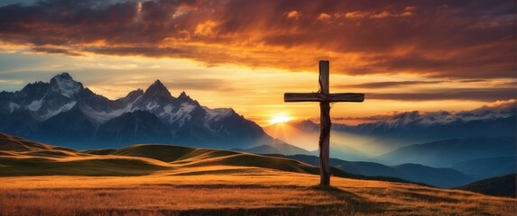 A grave with a cross on a grassy field with a beautiful and peaceful view of the icebergs at sunset.