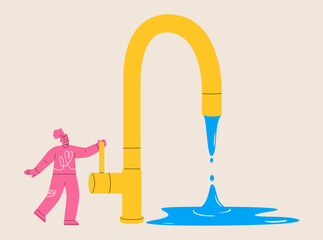 Save water concept. Woman closes a water tap. Colorful vector illustration - obrazy, fototapety, plakaty