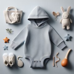 A flat lay image of a baby's outfit and accessories on a gray background.