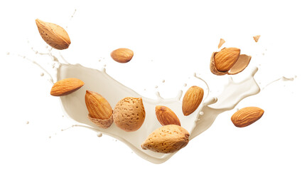 Almonds with milk splash isolated
