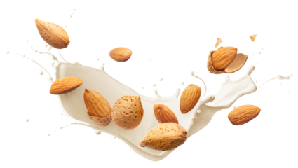Almonds with milk splash isolated