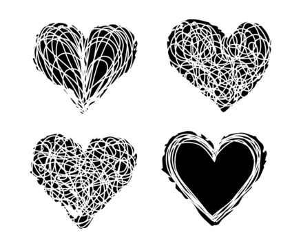 Heart tangled grungy scribbles hand drawn with paintbrush. Isolated on transparent background