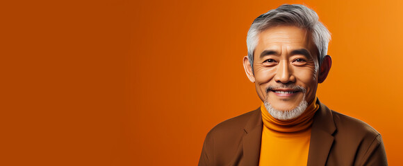 Elegant smiling elderly Asian man with gray hair, on an orange background, banner, copy space, portrait. - obrazy, fototapety, plakaty