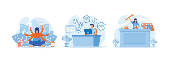 position and doing many tasks at the same time, multitasking skills sitting at his laptop with office freelance worker, who manages the balance between family life. Multitasking Work set flat vector m - obrazy, fototapety, plakaty