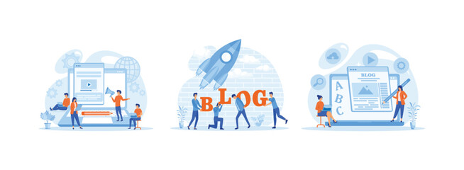 Content management, Blogging Media Development, Online Promotion and Entertainment, The concept of creating blog articles with human characters. Blog Creation set flat vector modern illustration - obrazy, fototapety, plakaty