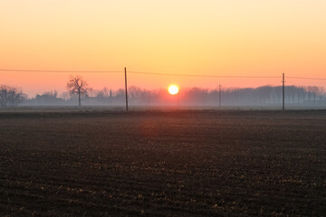 Sunset Po Valley landscape panorama fields crops