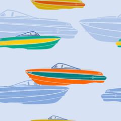 Editable Various Colors Side View American Bowrider Boats on Water Vector Illustration as Seamless Pattern for Creating Background of Transportation or Recreation Related Design