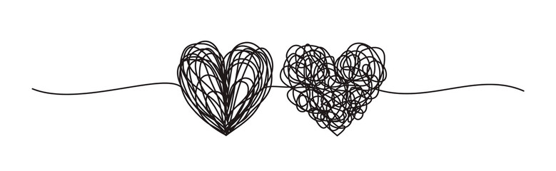 Banner with two tangled scribble hearts hand drawn with thin line, divider shape. Png clipart...