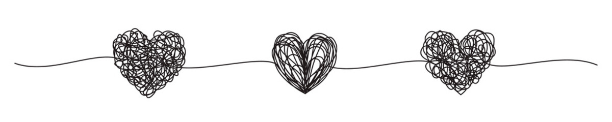 Banner with tangled grungy heart scribbles hand drawn with thin line, divider shape. Png clipart...