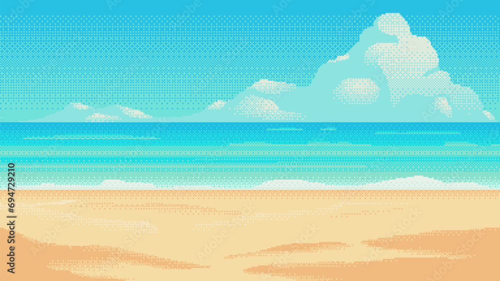 Poster beach pixel art background. 2d backdrop for 8-bit retro video game or mobile application. seamless w