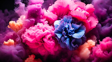 Surreal Floral Blooms Emerging from Misty Depths in a Vivid Display of Pink and Blue Hues