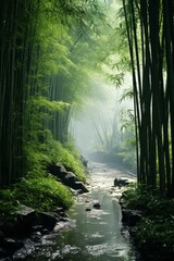 Dense bamboo forest with sunlight filtering through, Generative AI