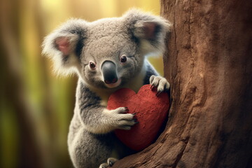 cute koala hugging heart