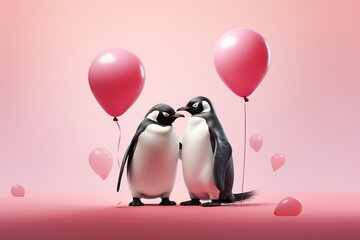 penguin couple with balloons - obrazy, fototapety, plakaty