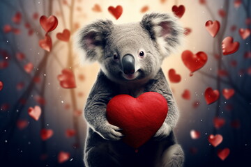 koala hug red heart - obrazy, fototapety, plakaty