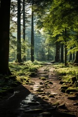 Fototapeta premium Forest clearing with dappled sunlight and tree silhouettes, Generative AI