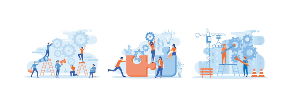 Team of businessmen working with gears or industrial, Group of young business people working together with puzzle as a symbol of collaborating, Pairs of workers turn the gears of the teamwork process.