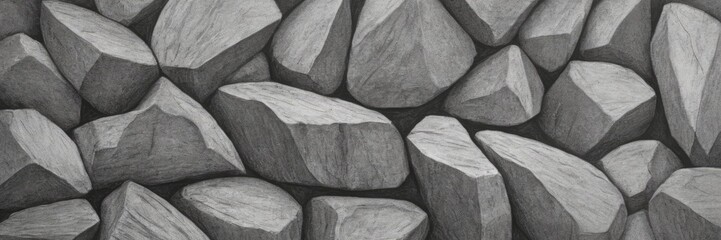 Pencil drawing, texture of large angular stones. Volumetric drawing with pencil on paper. - obrazy, fototapety, plakaty