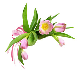 Pink tulip flowers and silk ribbon bow in a corner floral arrangement isolated on white or...