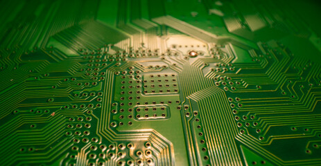 Circuit board. Technological electronic plate with roads and other components, selective focus....