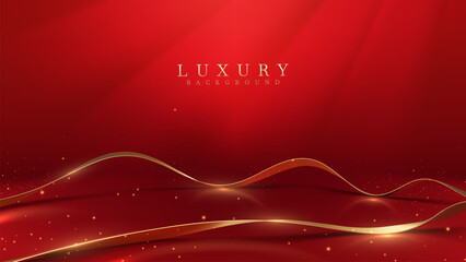 Red luxury background with gold ribbon elements and spotlight effect with glitter light decorations with bokeh.