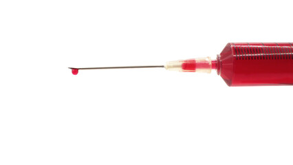 10 mL syringe filled with artificial blood isolated on a white background. At the end of the tube...