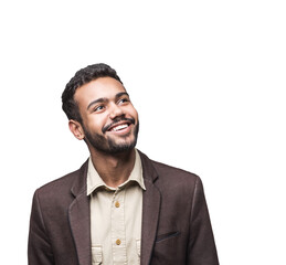 Portrait of handsome smiling young man looking up isolated in transparent PNG. Laughing joyful cheerful men studio shot - 694732404