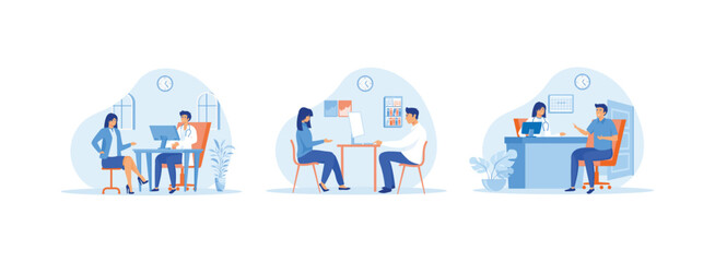 Interior of consultation room with doctor and patient, Doctor consultation Visit Modern clinic, Patient Consults Symptoms of Disease with a Therapist Doctor in Hospital. 