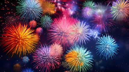 Fototapeta na wymiar Vibrant fireworks display against night sky, a celebration of light and color
