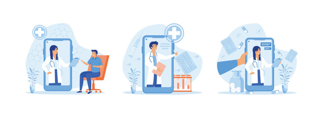 Consult Online Doctor, Online medical services, consultation and telemedicine concept, Online medicine and health care, Online Medical Consultation set, vector, illustration, flat, character, concept, - obrazy, fototapety, plakaty