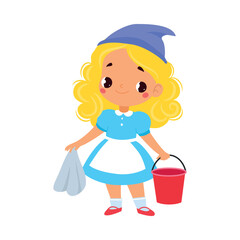 Pretty Girl Cinderella with Cloth and Bucket as Fairy Tale Character Vector Illustration