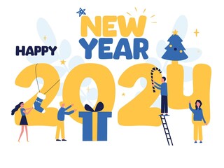 2024 new year. Business concept. Team metaphor. People connect puzzle elements preparing for the New Year. Teamwork, collaboration, partnership. Businessmen working together,moving towards success.