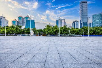 Fototapeta na wymiar Guangzhou city center empty brick floor and skyline in China