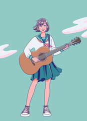 ギターを弾きながら歌う女子高生