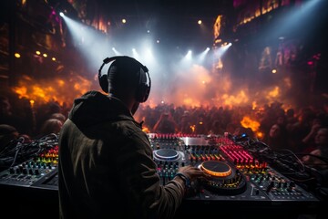 DJ's concert with the crowd's hands in silhouette against colorful lights, Generative AI