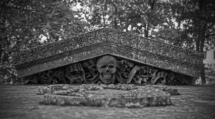 A sarcophagus at Saint Anthony of Padua Church in Bihac, Una-Sana Canton, Federation of Bosnia and Herzegovina. Dating from 1896, it is known as Tomb of Bihac Nobility or Tomb of Croatian Aristocracy - obrazy, fototapety, plakaty