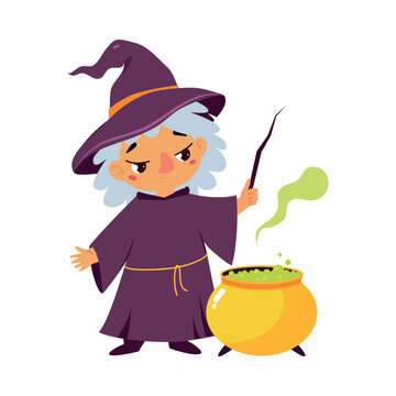 Witch in Hat with Wand at Boiling Cauldron as Fairy Tale Character Vector Illustration