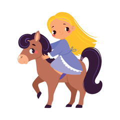 Cute Girl with Golden Hair in Pretty Dress Ride Horse as Fairy Tale Character Vector Illustration