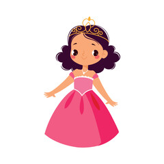 Pretty Girl Princess in Pink Dress and Diadem as Fairy Tale Character Vector Illustration