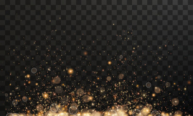 Bokeh light lights effect background. Gold dust PNG. Christmas background of shining dust Christmas glowing bokeh confetti and spark overlay texture for your design.	 - obrazy, fototapety, plakaty