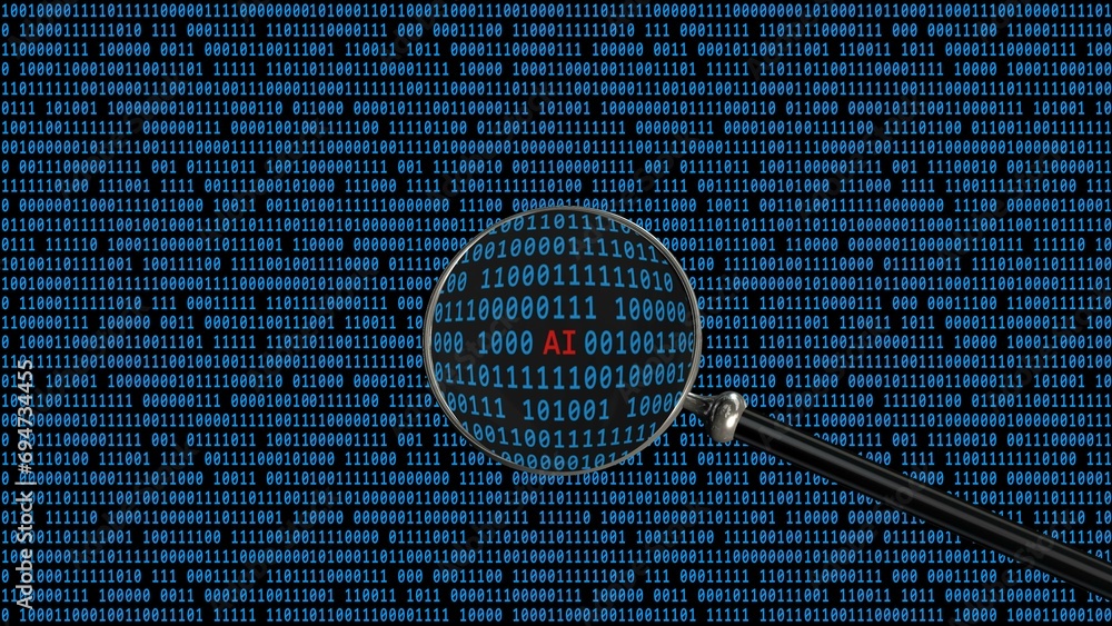 Poster ai letter - artificial intelligence lettering shown in magnifying glass in front of binary code back