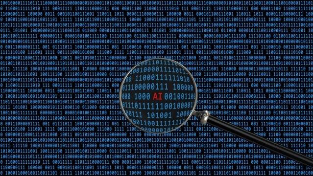 AI letter - Artificial Intelligence lettering shown in magnifying glass in front of binary code background - 3D Illustration
