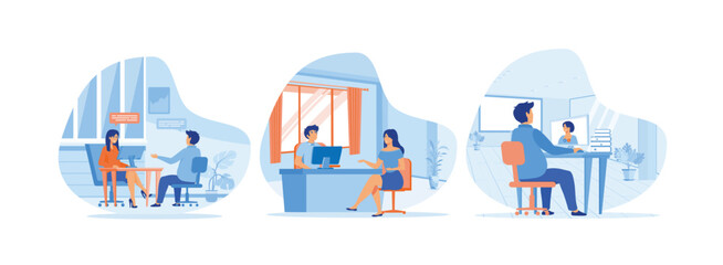 Job interview, Woman having a job interview with Businessman HR, Man talking to a young woman. set flat vector modern illustration  