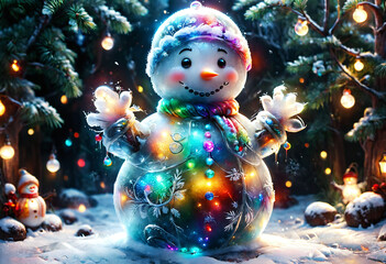 Happy snowman is holding Christmas present. Generative AI
