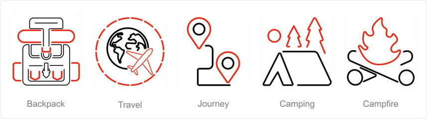 A set of 5 Adventure icons as backpack, travel, journey