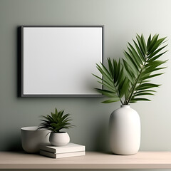 the layout of a square frame in a modern minimalist interior with a plant on a white wall background