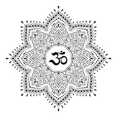 Circular pattern in form of mandala for with flower Henna, Mehndi, tattoo, decoration. Decorative ornament in oriental style with ancient Hindu mantra OM. Outline doodle vector illustration.